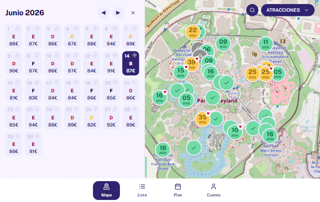 Disneyland Paris crowd calendar with A-F grades