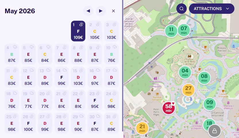 Full calendar in MagicWait Paris with ticket prices and A-to-F crowd scale
