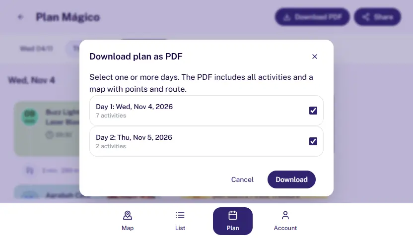 Download plan as PDF modal in MagicWait Paris