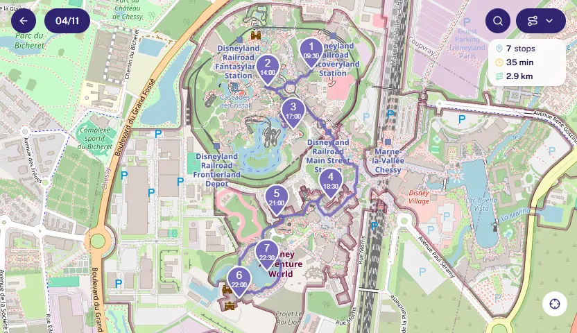 Planned itinerary visualised on the MagicWait Paris interactive map