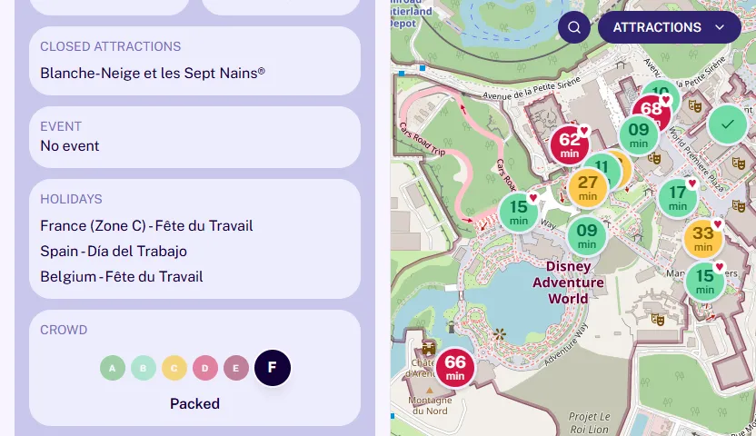 Prediction variables panel in MagicWait Paris: school holidays, events and crowd scale