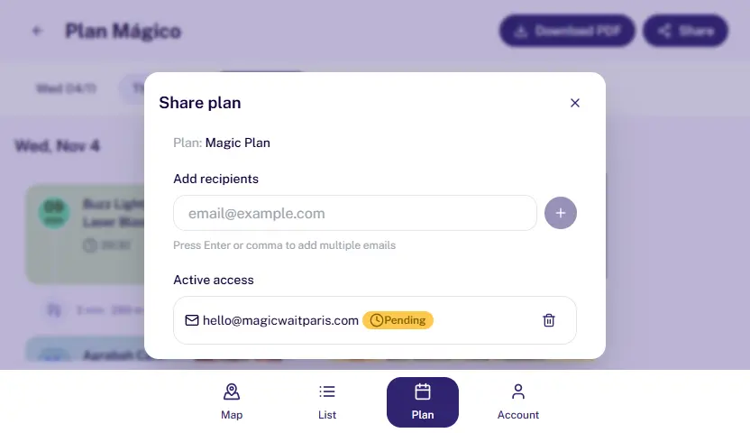 Share plan modal for sending custom itineraries to clients in MagicWait Paris