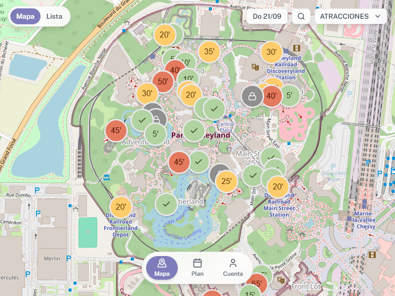 Mapa de Magic Wait Paris mostrando tiempos de espera en vivo