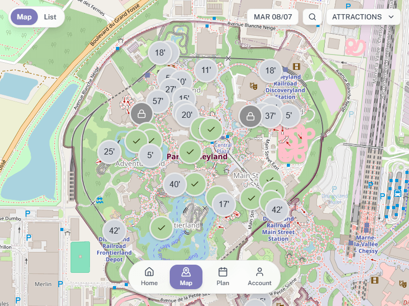 Magic Wait Paris Map showing live wait times